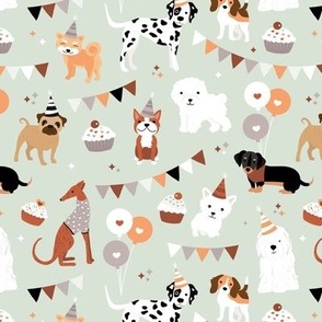 Puppy friends birthday party with cake balloons and party hats dog design vintage gray beige on mist green 
