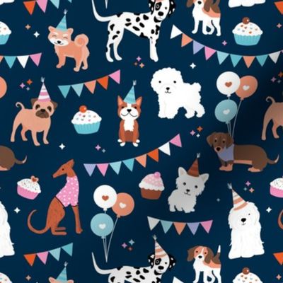 Puppy friends birthday party with cake balloons and party hats dog design pink orange blue girls on navy 