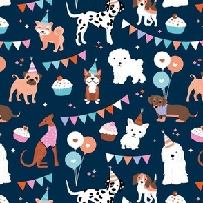 Puppy friends birthday party with cake balloons and party hats dog design pink orange blue girls on navy 