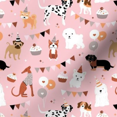 Puppy friends birthday party with cake balloons and party hats dog design vintage gray beige on pink girls