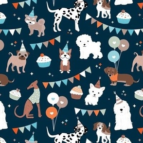 Puppy friends birthday party with cake balloons and party hats dog design orange blue on navy boys