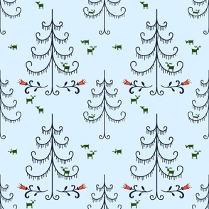 whimsical pine trees with deer - light blue