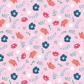 Whimsical Hand-Drawn Floral Pink and Blue