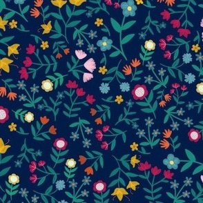 Ditsy Folk Art Florals on Navy Blue