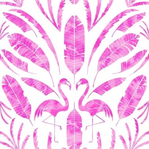 Tropical  Summer Palms and Flamingo Damask  - hot bubblegum pink