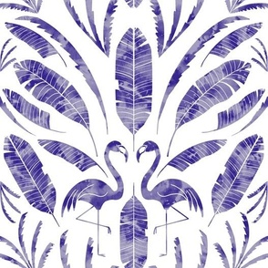 Tropical  Summer Palms and Flamingo Damask - electric denim blue