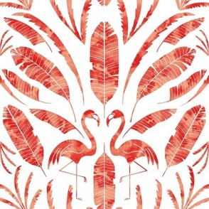 Tropical Summer Palms and Flamingo Damask -raspberry red