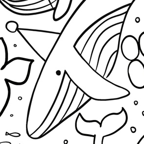 Whales Black and White V3: Monochrome Line Art Humpback Whale Under the Sea Ocean Underwater -  Large