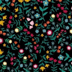 Ditsy Folk Art Florals on Black