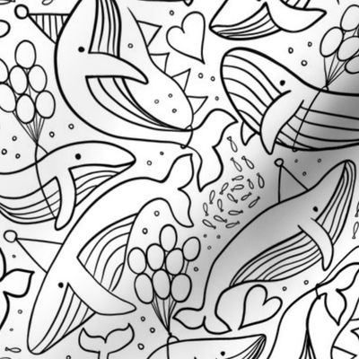 Whales Black and White V3: Monochrome Line Art Humpback Whale Under the Sea Ocean Underwater -  Small