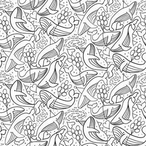 Whales Black and White V3: Monochrome Line Art Humpback Whale Under the Sea Ocean Underwater -  Small