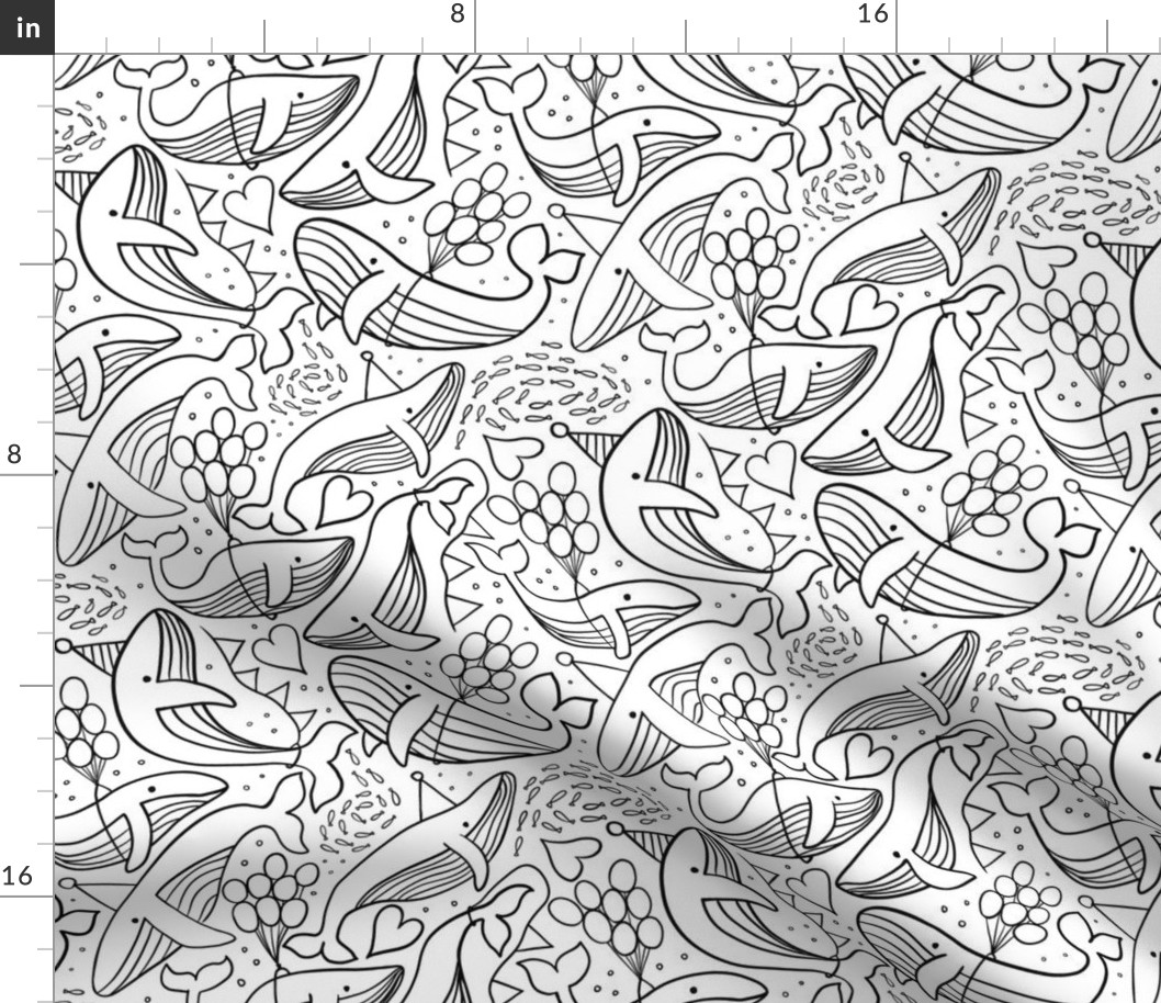 Whales Black and White V3: Monochrome Line Art Humpback Whale Under the Sea Ocean Underwater -  Small