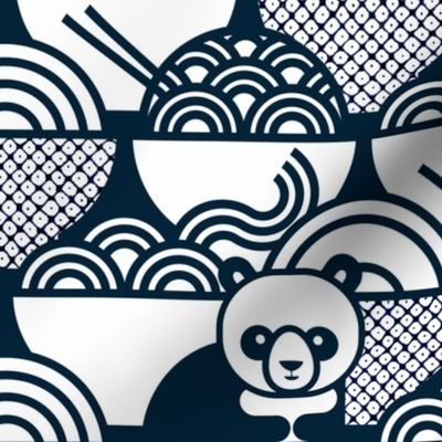 Panda Noodle Navy Blue and White Large- Novelty Kawaii Pandas- Geometric Cute Animals