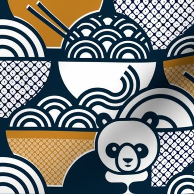 Panda Noodle Navy Blue and Mustard Large- Novelty Kawaii Pandas- Geometric Cute Animals