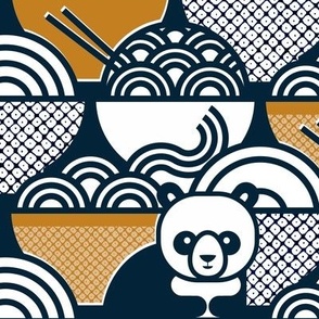 Panda Noodle Navy Blue and Mustard Large- Novelty Kawaii Pandas- Geometric Cute Animals