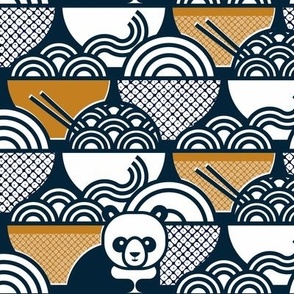 Panda Noodle Navy Blue and Mustard Medium- Novelty Kawaii Pandas- Geometric Cute Animals