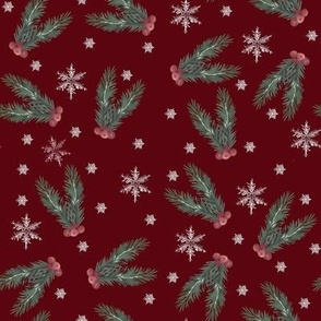 Pine and holly berries, Christmas greenery on cranberry-large scale