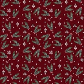Christmas pine and holly berries on cranberry red-small scale
