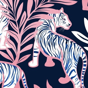 Large jumbo scale // Nouveau white tigers // navy blue background metal peony pink leaves and lines white animals