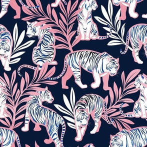 Normal scale // Nouveau white tigers // navy blue background metal peony pink leaves and lines white animals
