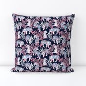 Small scale // Nouveau white tigers // navy blue background metal peony pink leaves and lines white animals