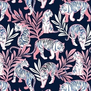 Small scale // Nouveau white tigers // navy blue background metal peony pink leaves and lines white animals