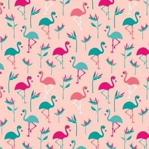Birds of paradise botanical flower garden and flamingo beach Hawaii summer theme pink aqua blue blush 