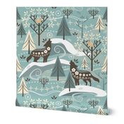 Grey Wolves / Song of Life / Scandi / Folk Art / Outdoors / Winter / Christmas / Trees Forest / Celadon / Large
