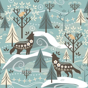 Grey Wolves / Song of Life / Scandi / Folk Art / Winter / Christmas / Trees Forest / Celadon / Large
