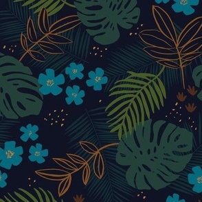 Lush midnight jungle garden paradise monstera palm leaves and flowers green blue  
