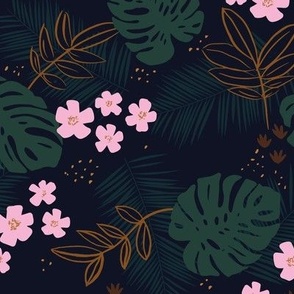 Lush midnight jungle garden paradise monstera palm leaves and flowers green pink 