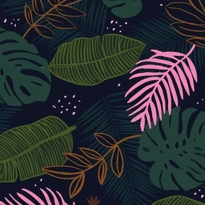 Lush midnight jungle garden paradise monstera palm leaves green pink girls