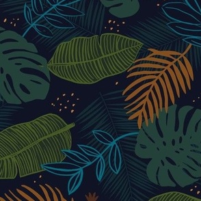 Lush midnight jungle garden paradise monstera palm leaves green blue boys