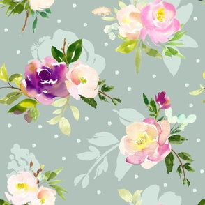 24" Repeat Beautiful Watercolor Flowers | Dusty Green MK001