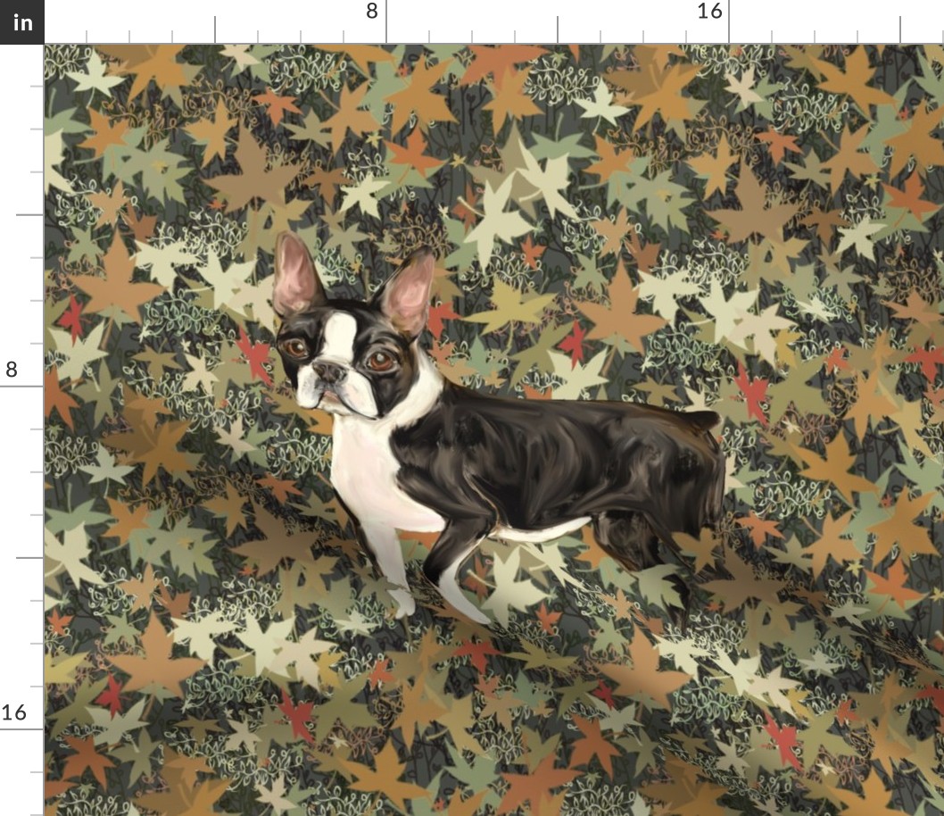 Boston Terrier in Autumn Leaves for Pillow