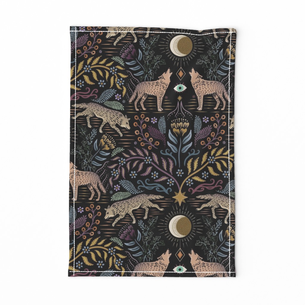 Howling and prowling - mystical gray wolf damask with plants, flowers and moon - black, large