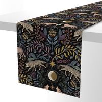 Howling and prowling - mystical gray wolf damask with plants, flowers and moon - black, large