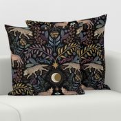 Howling and prowling - mystical gray wolf damask with plants, flowers and moon - black, large