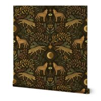 Howling and prowling - mystical gray wolf damask with plants, flowers and moon - black, large