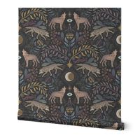 Howling and prowling - mystical gray wolf damask with plants, flowers and moon - black, large