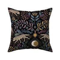 Howling and prowling - mystical gray wolf damask with plants, flowers and moon - black, large