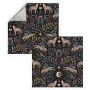 Howling and prowling - mystical gray wolf damask with plants, flowers and moon - black, large