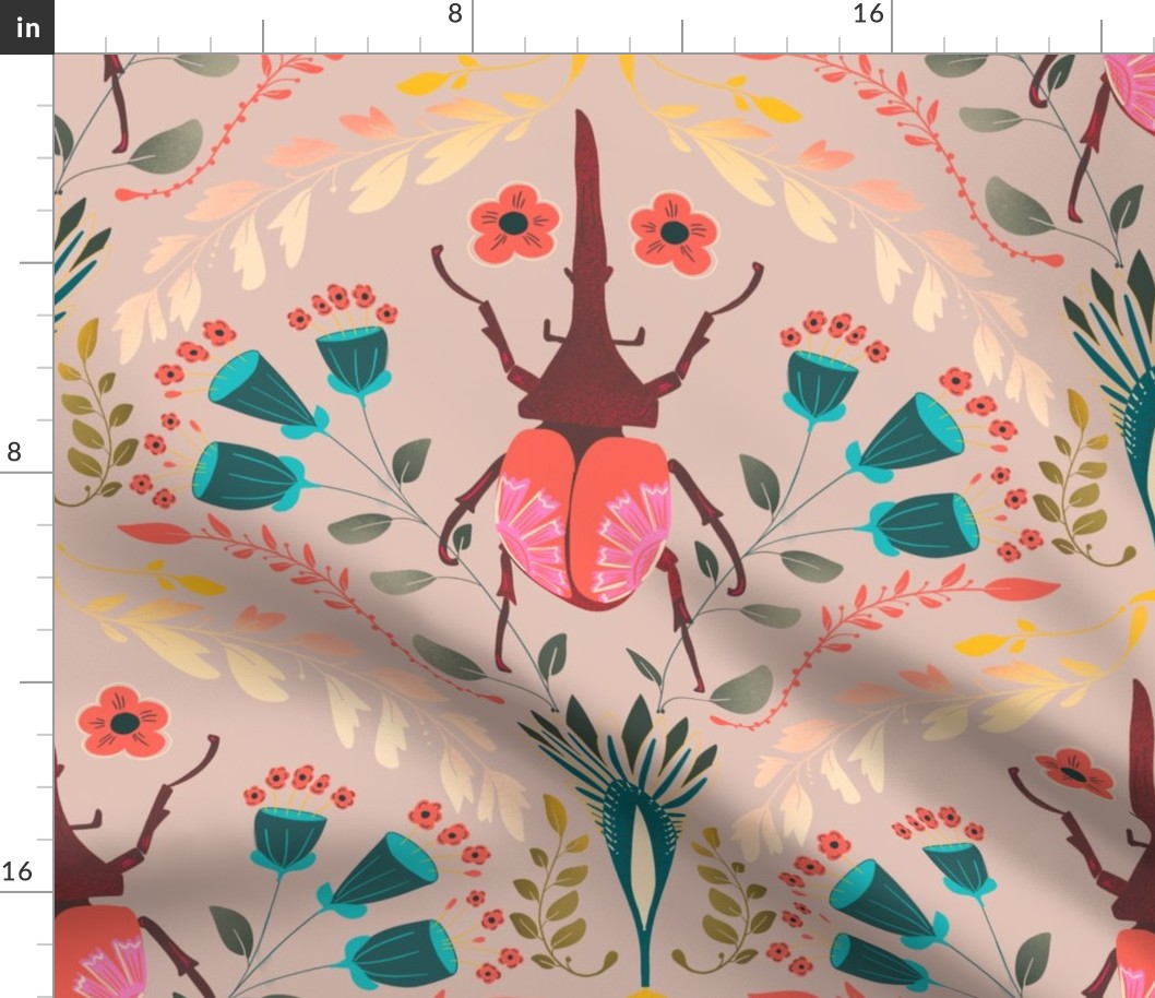 Pink Grey Damask Beetle Insect Wallpaper Peacock Folk Art Pattern