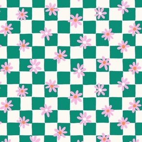 0.8 dark green checkerboard with pink retro flowers - small scaled checkerboard