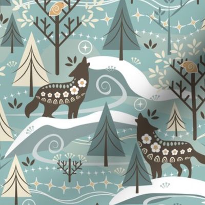 Grey Wolves / Song of Life / Scandi / Folk Art / Outdoors / Winter / Christmas / Trees Forest / Celadon / Medium