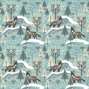 Grey Wolves / Song of Life / Scandi / Folk Art / Winter / Christmas / Celadon / Medium