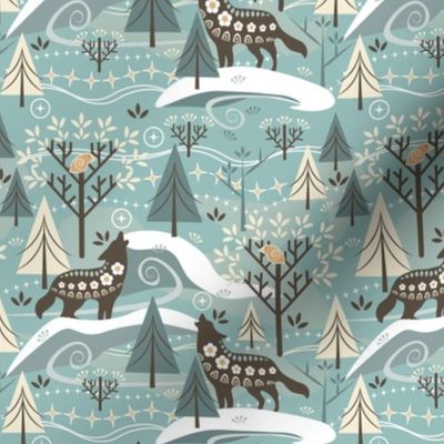 Grey Wolves / Song of Life / Scandi / Folk Art / Outdoors / Winter / Christmas / Trees Forest / Celadon / Small