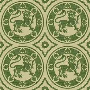 Medieval Lions in Circles, Willow Green on Old Ivory