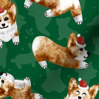 Santa’s Helpers - corgis, christmas dogs, hats, Santa’s dogs, christmas fabric, christmas pets 