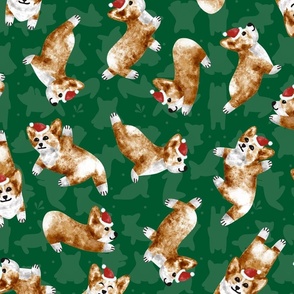 Santa’s Helpers - corgis, christmas dogs, hats, Santa’s dogs, christmas fabric, christmas pets 